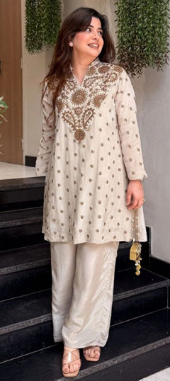 Beige and Brown color Salwar Kameez in Crepe Silk fabric with Embroidered, Sequence work
