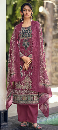 Pink and Majenta color Salwar Kameez in Lawn fabric with Digital Print, Floral, Resham, Thread work