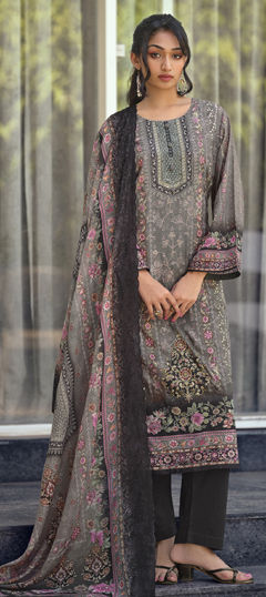 Black and Grey color Salwar Kameez in Lawn fabric with Digital Print, Floral, Resham, Thread work