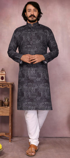 Black and Grey color Kurta Pyjamas in Cotton fabric with Printed, Sequence work