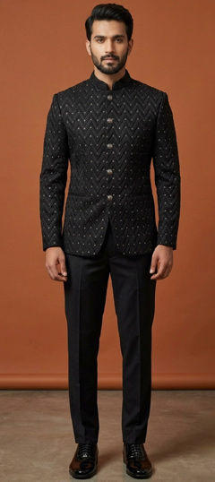 Black and Grey color Jodhpuri Suit in Silk fabric with Thread work