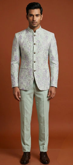 Green color Jodhpuri Suit in Silk fabric with Thread, Zari work