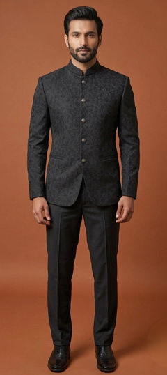 Black and Grey color Jodhpuri Suit in Silk fabric with Weaving work