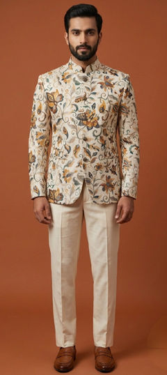 White and Off White color Jodhpuri Suit in Silk fabric with Weaving work