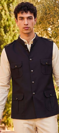 Black and Grey color Blazer in Jute fabric with Thread work