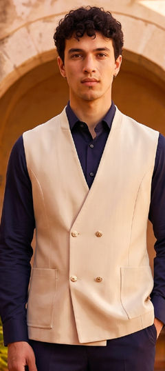 White and Off White color Blazer in Jute fabric with Thread work
