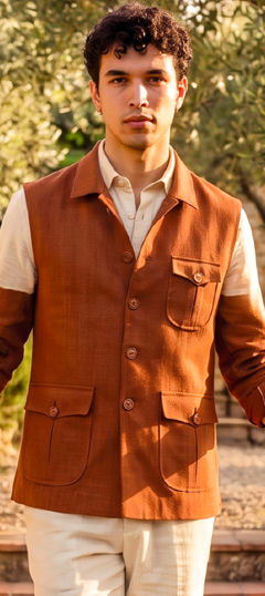 Beige and Brown color Blazer in Jute fabric with Thread work