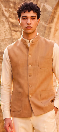 Beige and Brown color Nehru Jacket in Jute fabric with Thread work
