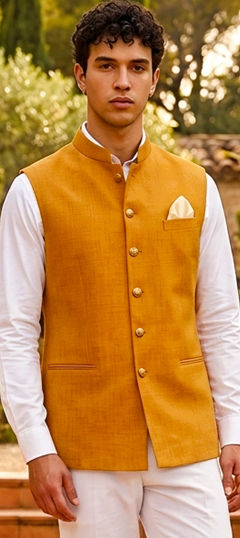 Yellow color Nehru Jacket in Jute fabric with Thread work