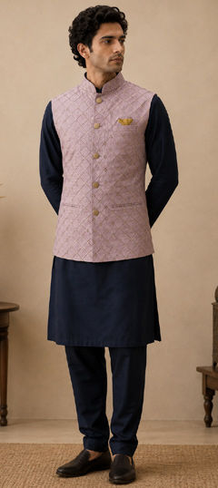 Blue color Kurta Pyjama with Jacket in Silk fabric with Zari work