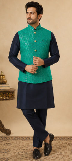 Blue color Kurta Pyjama with Jacket in Brocade, Silk fabric with Embroidered, Sequence, Thread work