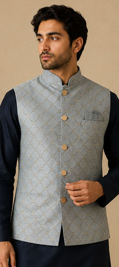 Black and Grey color Nehru Jacket in Silk fabric with Zari work