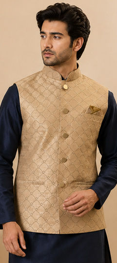 Beige and Brown color Nehru Jacket in Silk fabric with Zari work