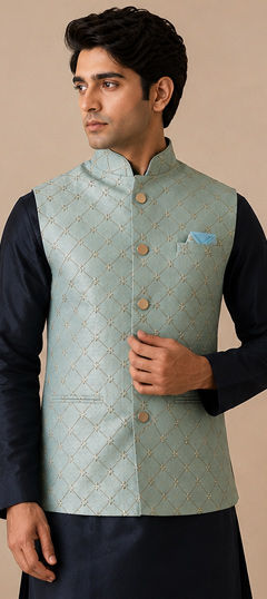 Green color Nehru Jacket in Silk fabric with Zari work