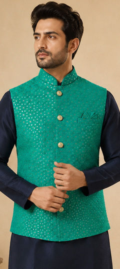 Green color Nehru Jacket in Brocade fabric with Embroidered, Sequence, Thread work
