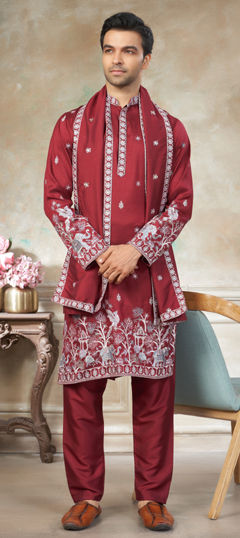 Red and Maroon color Kurta Pyjamas in Blended fabric with Embroidered work