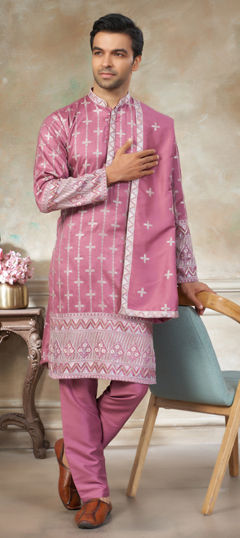 Pink and Majenta color Kurta Pyjamas in Blended fabric with Embroidered work