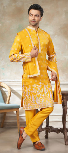 Yellow color Kurta Pyjamas in Blended fabric with Embroidered work