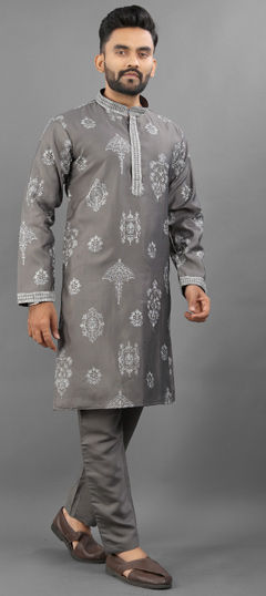 Black and Grey color Kurta Pyjamas in Silk fabric with Embroidered work