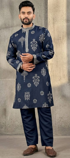 Blue color Kurta Pyjamas in Silk fabric with Embroidered work