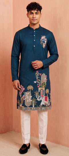 Blue color Kurta Pyjamas in Silk fabric with Bugle Beads, Embroidered work