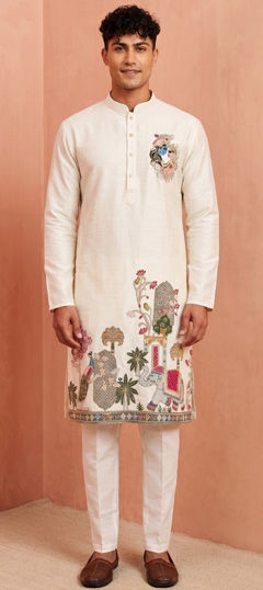 White and Off White color Kurta Pyjamas in Silk fabric with Bugle Beads, Embroidered work