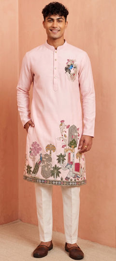Pink and Majenta color Kurta Pyjamas in Silk fabric with Bugle Beads, Embroidered work