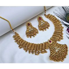 Gold Rodium Polish Red and Maroon, White and Off White color Necklace in Copper studded with Kundan