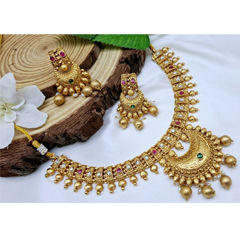 Gold Rodium Polish Green, Red and Maroon color Necklace in Copper studded with CZ Diamond, Kundan