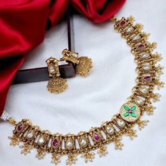 Gold Rodium Polish Pink and Majenta color Necklace in Copper studded with Kundan