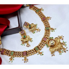 Gold Rodium Polish Green, Pink and Majenta color Necklace in Copper studded with CZ Diamond