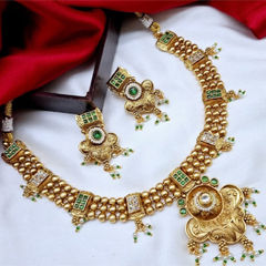 Gold Rodium Polish Green color Necklace in Copper studded with CZ Diamond