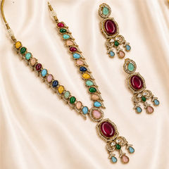 Gold Rodium Polish Multicolor color Necklace in Metal Alloy studded with CZ Diamond, Kundan