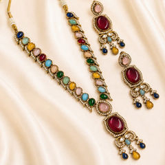 Gold Rodium Polish Multicolor color Necklace in Metal Alloy studded with CZ Diamond, Kundan