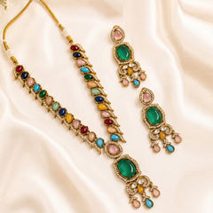 Gold Rodium Polish Multicolor color Necklace in Metal Alloy studded with CZ Diamond, Kundan