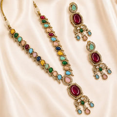 Gold Rodium Polish Multicolor color Necklace in Metal Alloy studded with CZ Diamond, Kundan