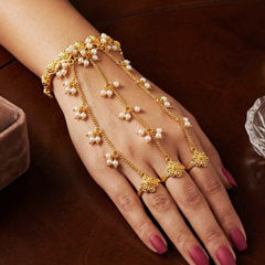 Gold Rodium Polish Gold color Haath Paan in Brass studded with Beads