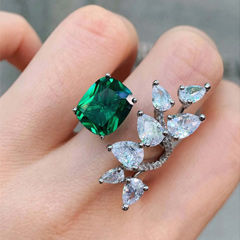 Silver Rodium Polish Green color Ring in Brass studded with CZ Diamond