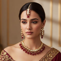 Gold Rodium Polish Red and Maroon color Necklace in Brass studded with CZ Diamond, Pearl