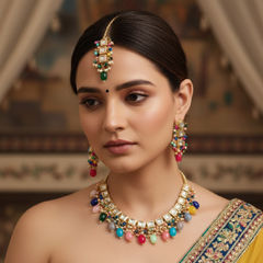 Gold Rodium Polish Multicolor color Necklace in Brass studded with CZ Diamond, Pearl