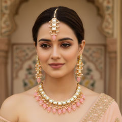 Gold Rodium Polish Pink and Majenta color Necklace in Brass studded with CZ Diamond, Pearl