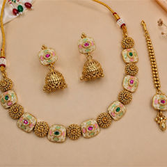 Gold Rodium Polish Multicolor color Necklace in Copper studded with CZ Diamond