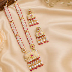 Gold Rodium Polish Red and Maroon, White and Off White color Necklace in Copper studded with Pearl