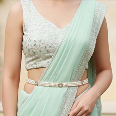 Gold Rodium Polish Pink and Majenta, White and Off White color Waist Chain in Brass studded with Kundan