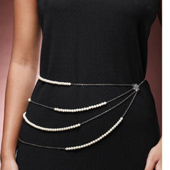 Gold Rodium Polish White and Off White color Waist Chain in Brass studded with Beads