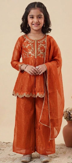 Orange color Kids Salwar in Crushed Silk fabric with Embroidered work