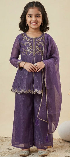 Purple and Violet color Kids Salwar in Crushed Silk fabric with Embroidered work