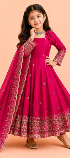 Pink and Majenta color Kids Salwar in Tissue fabric with Embroidered, Sequence work