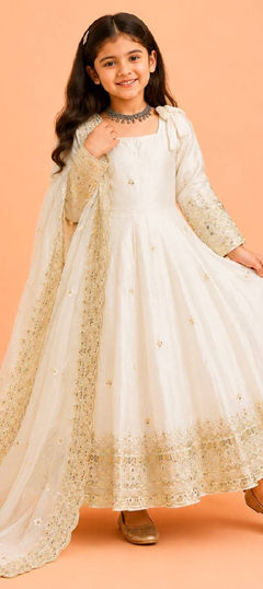 White and Off White color Kids Salwar in Tissue fabric with Embroidered, Sequence work