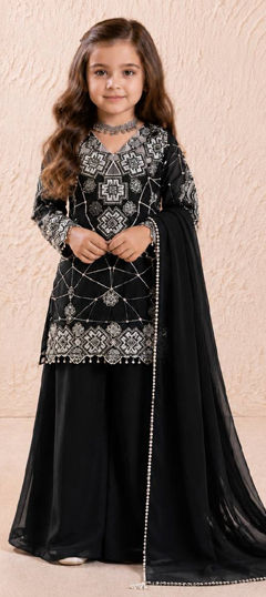 Black and Grey color Kids Salwar in Faux Georgette fabric with Embroidered, Sequence work